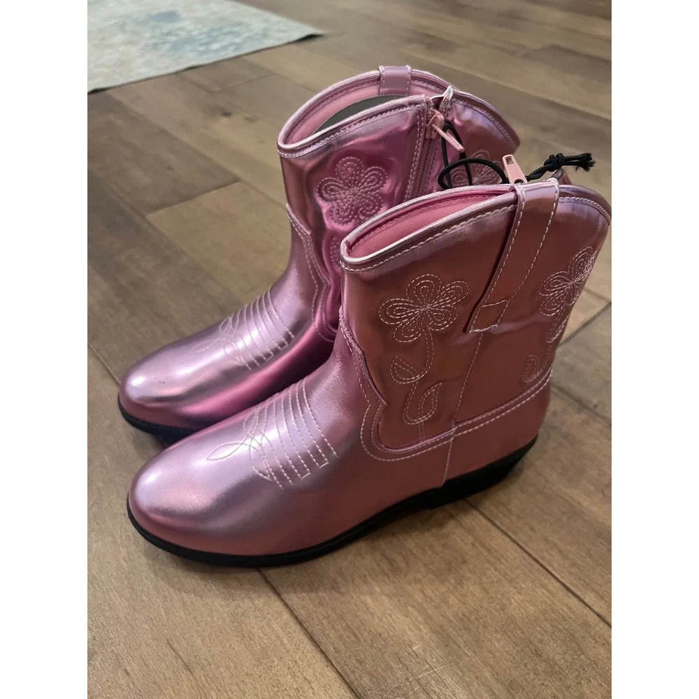 Thereabouts Kids Metallic Pink Western Cowboy Boots Floral Embroidered Size 6 M